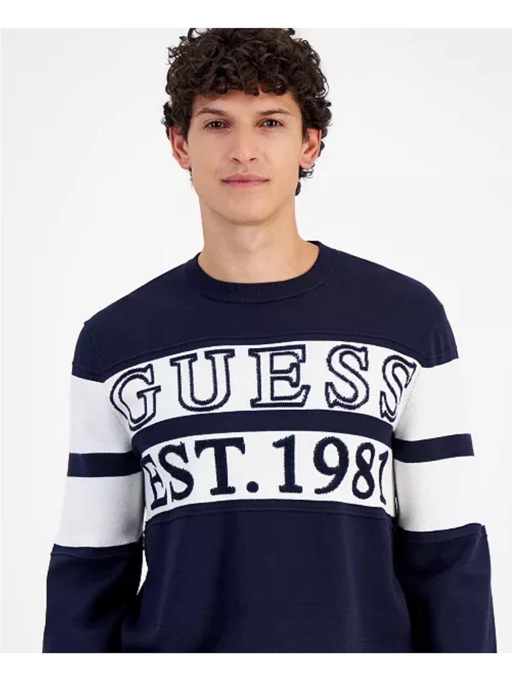 GUESS Navy and White Logo Crewneck Sweater